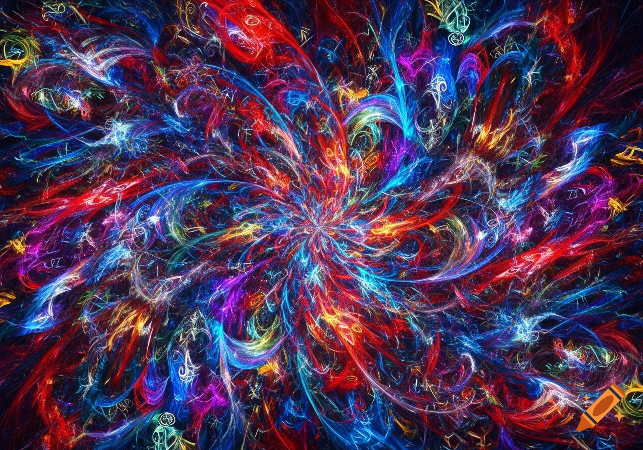 Abstract image with a central burst of red, blue, green, and yellow swirling lines against a dark background, resembling a colorful explosion or fractal.