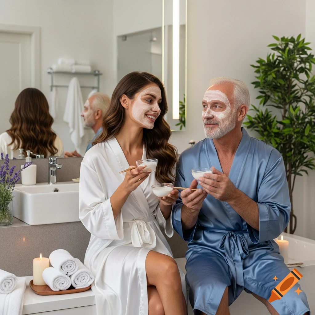 A smiling couple in bathrobes applies face masks in a bright, modern bathroom, surrounded by candles and towels.
