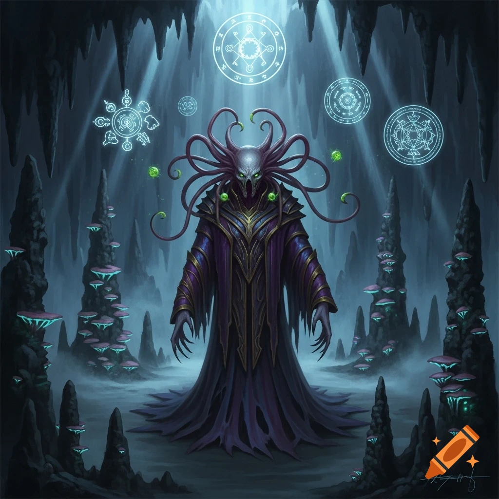 A purple-robed, tentacled creature with glowing eyes stands in a misty cave with glowing mushrooms and arcane symbols.