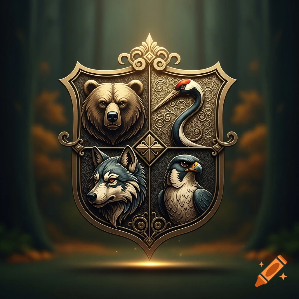 An ornate golden shield-shaped crest featuring stylized heads of a bear, a crane, a wolf, and a falcon in four quadrants, against a dark forest background.