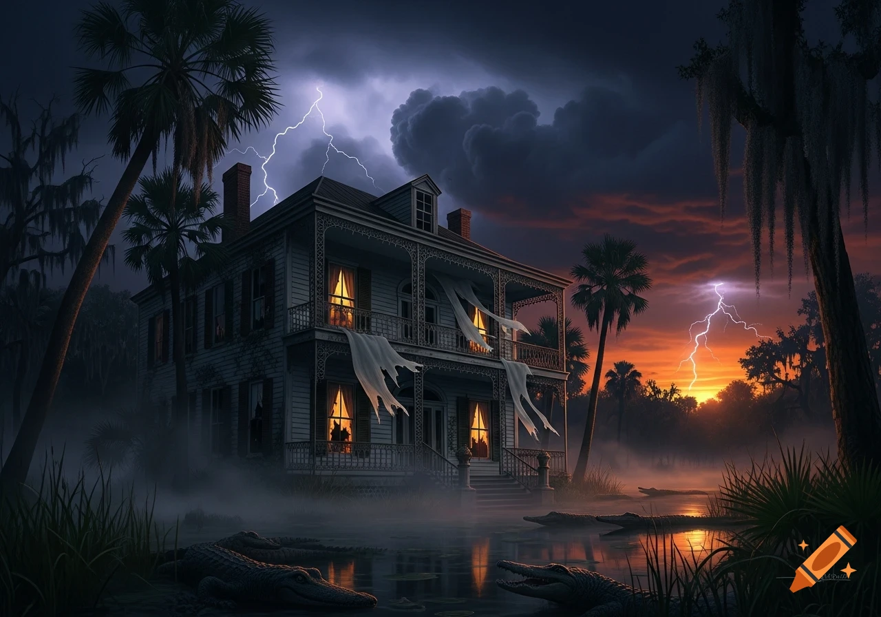 A spooky gothic mansion with illuminated windows stands in a foggy swamp under a stormy, lightning-filled sky, with alligators in the foreground.