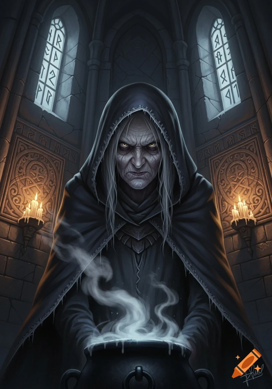 A scowling old woman in a black hooded cloak with glowing eyes stands over a steaming cauldron in a dark, gothic chamber with runic windows.