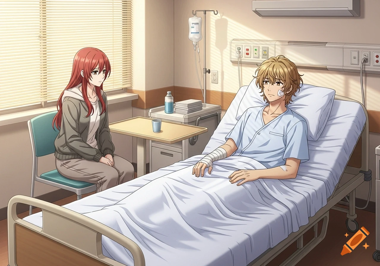 Anime style illustration of a woman with red hair sitting next to a bandaged man in a hospital bed.