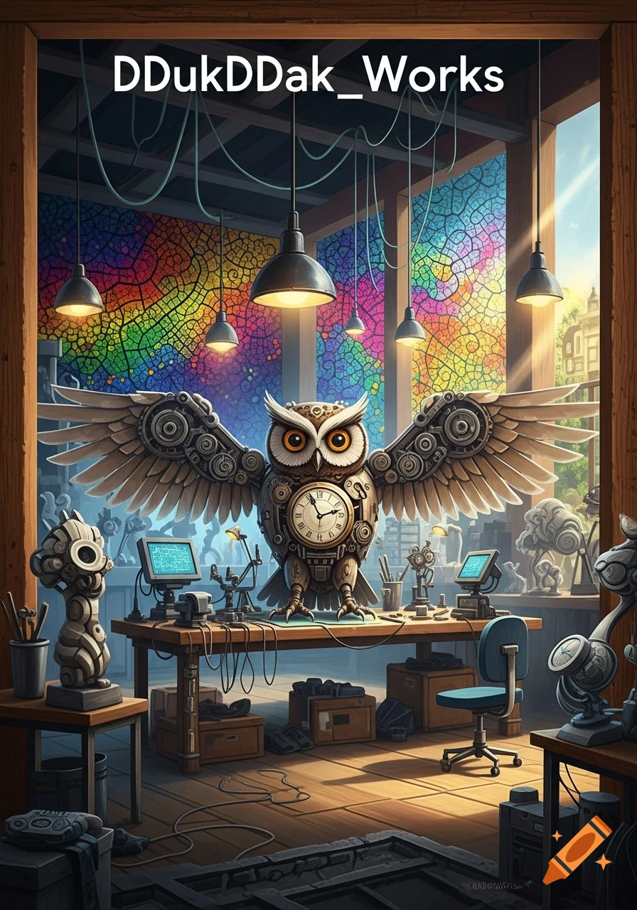 A detailed steampunk owl with large mechanical wings and a clock in its chest sits on a workbench in a vibrant workshop.