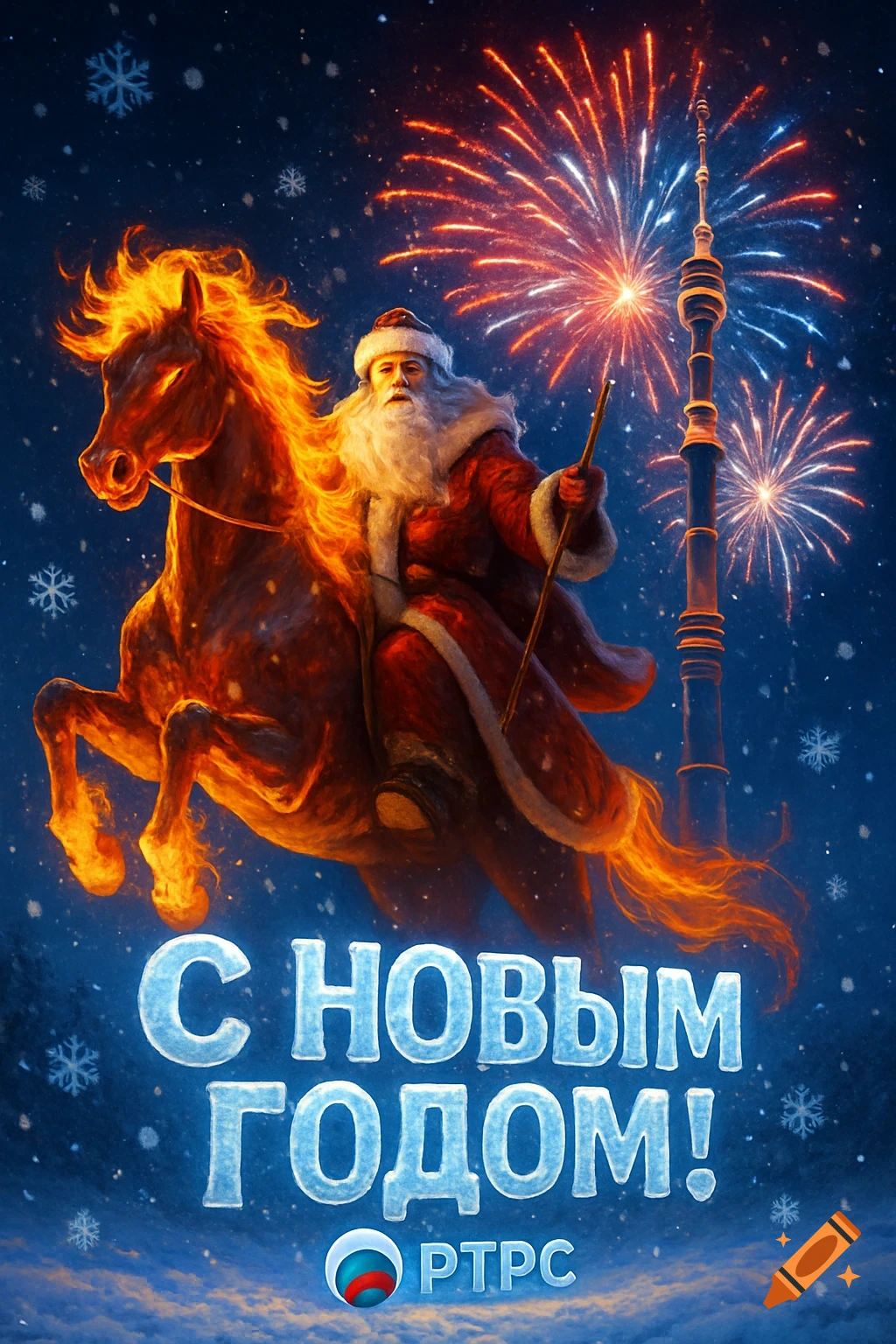 Ded Moroz on a fiery horse, fireworks, and Ostankino Tower against a snowy night sky. Text: "Happy New Year!" and "RTPS".