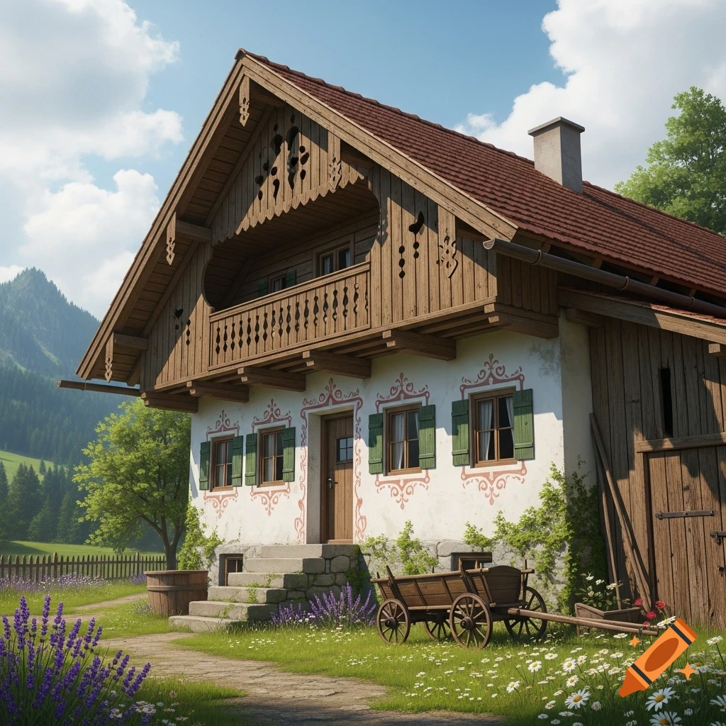 A traditional Bavarian house with a wooden balcony and green shutters, surrounded by lavender fields and mountains under a blue sky.