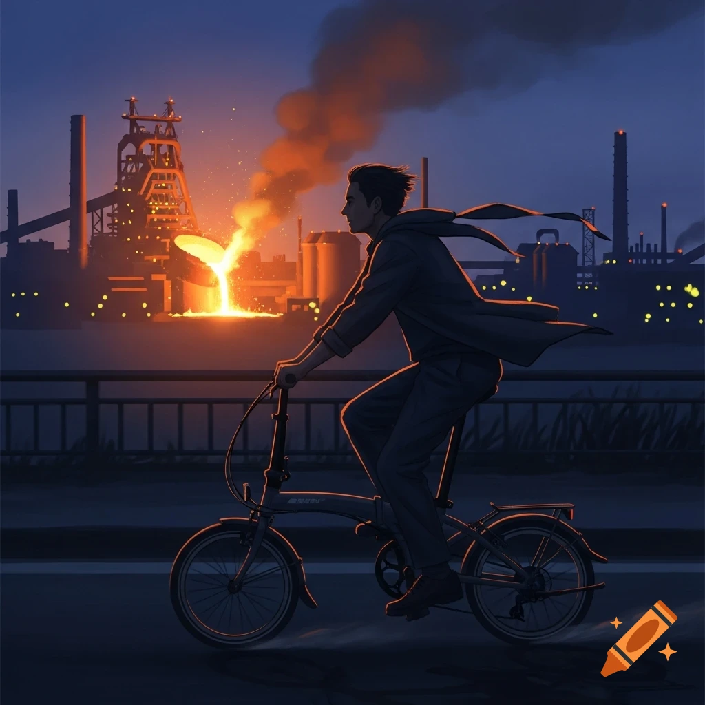 An illustrated man rides a folding bicycle at dusk, silhouetted against a glowing steel mill with molten metal pouring out in the background.