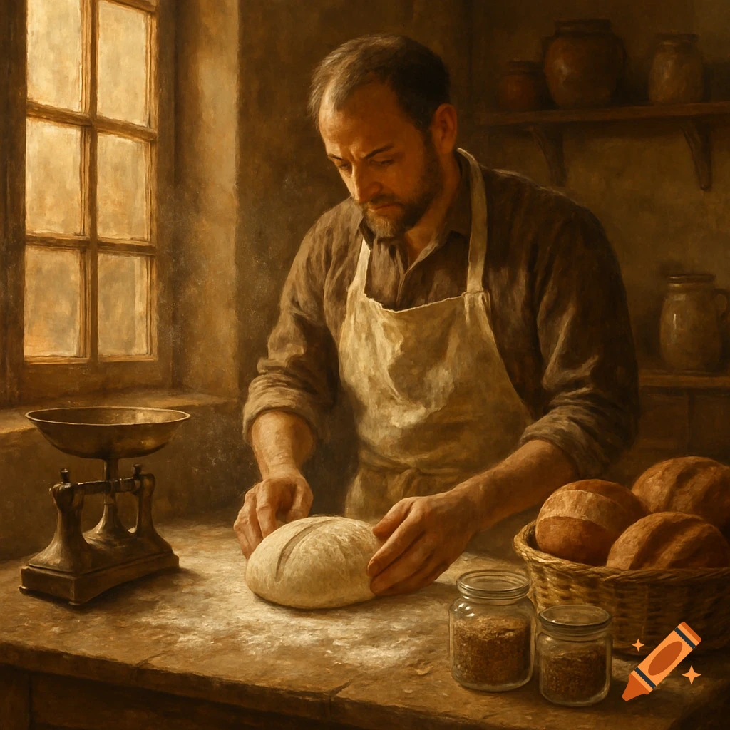 A baker in an apron kneads dough on a flour-dusted table in a warm, rustic kitchen, with bread loaves and a scale, in a painterly style.