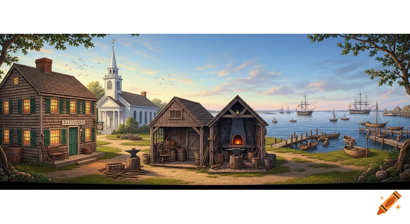 A panoramic painting of a colonial town with a church, tavern, blacksmith, and a harbor filled with ships.