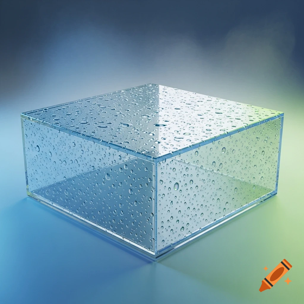 Clear glass box covered in water droplets on a blue and green gradient background.