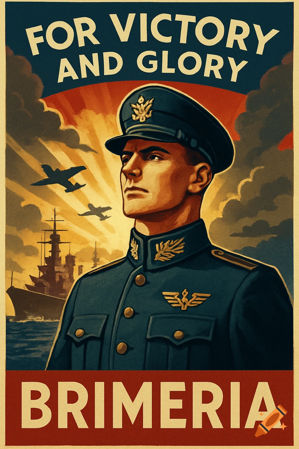 A vintage propaganda poster featuring a stern military officer in uniform, with planes and a battleship in the background. Text reads "FOR VICTORY AND GLORY" and "BRIMERIA".