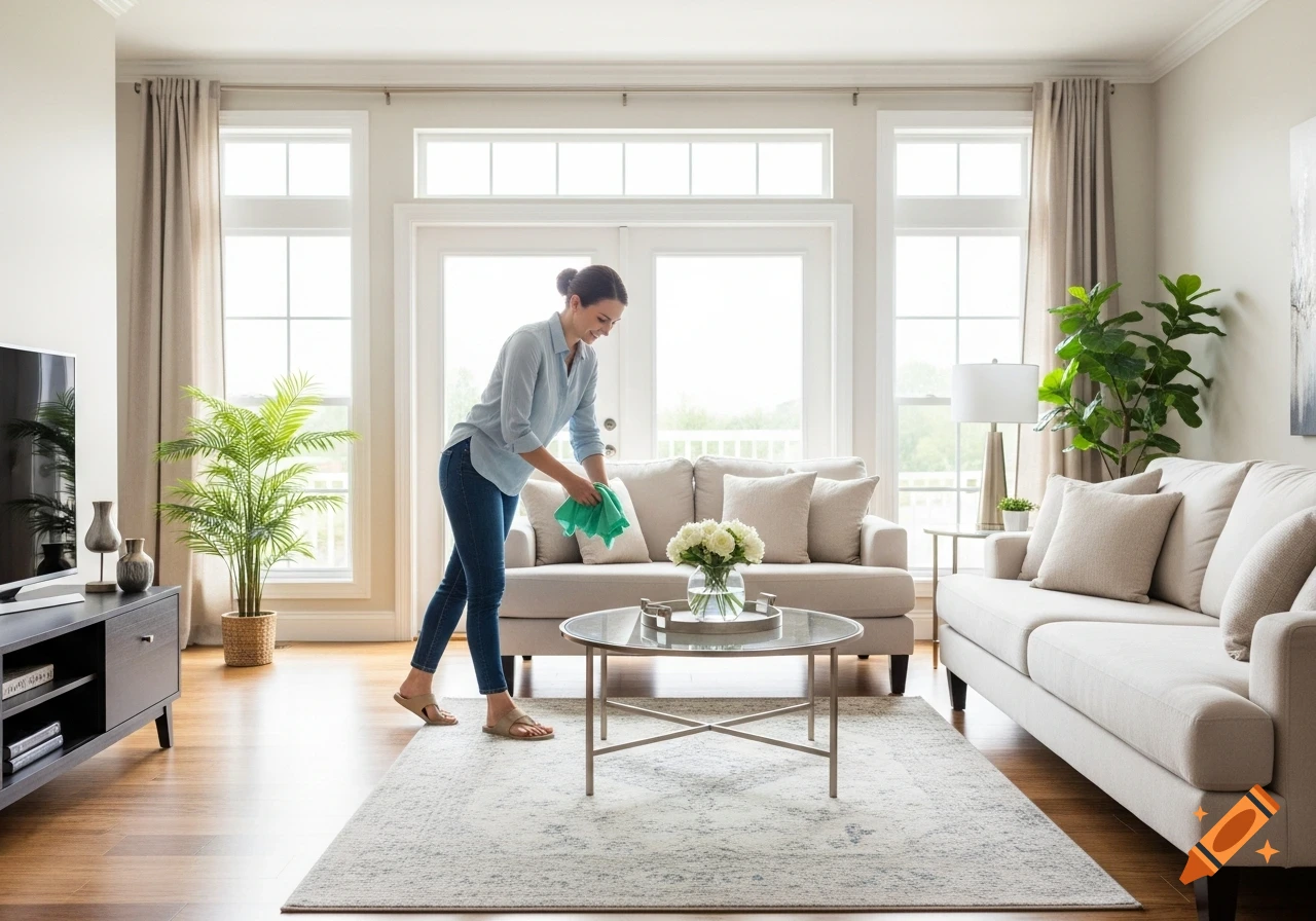 A friendly woman cleaning a coffee table in a modern, sunlit living room with neutral furniture and houseplants, in a realistic style.