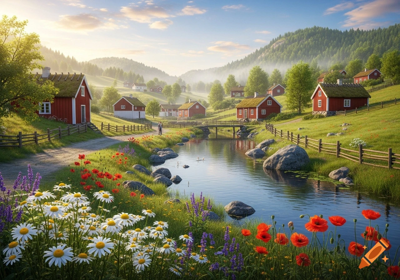 Idyllic rural landscape with red houses, a winding river, and wildflowers like daisies and poppies under a bright, misty sky.
