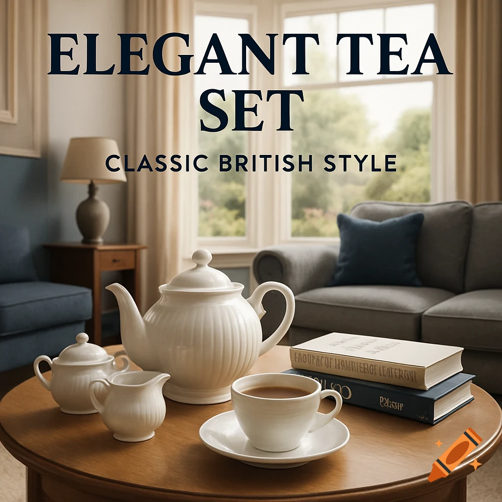A white fluted tea set, including a teapot, sugar bowl, creamer, and a cup of tea, sits on a round wooden table in a classic British-style living room. Text overlays read "ELEGANT TEA SET CLASSIC BRITISH STYLE".