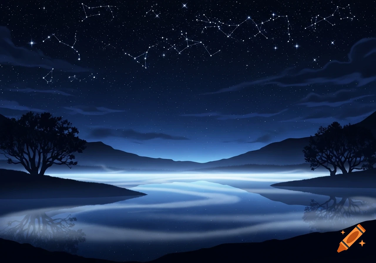 A dark blue night landscape with a serene lake reflecting trees, silhouetted mountains, and a clear sky filled with constellations.
