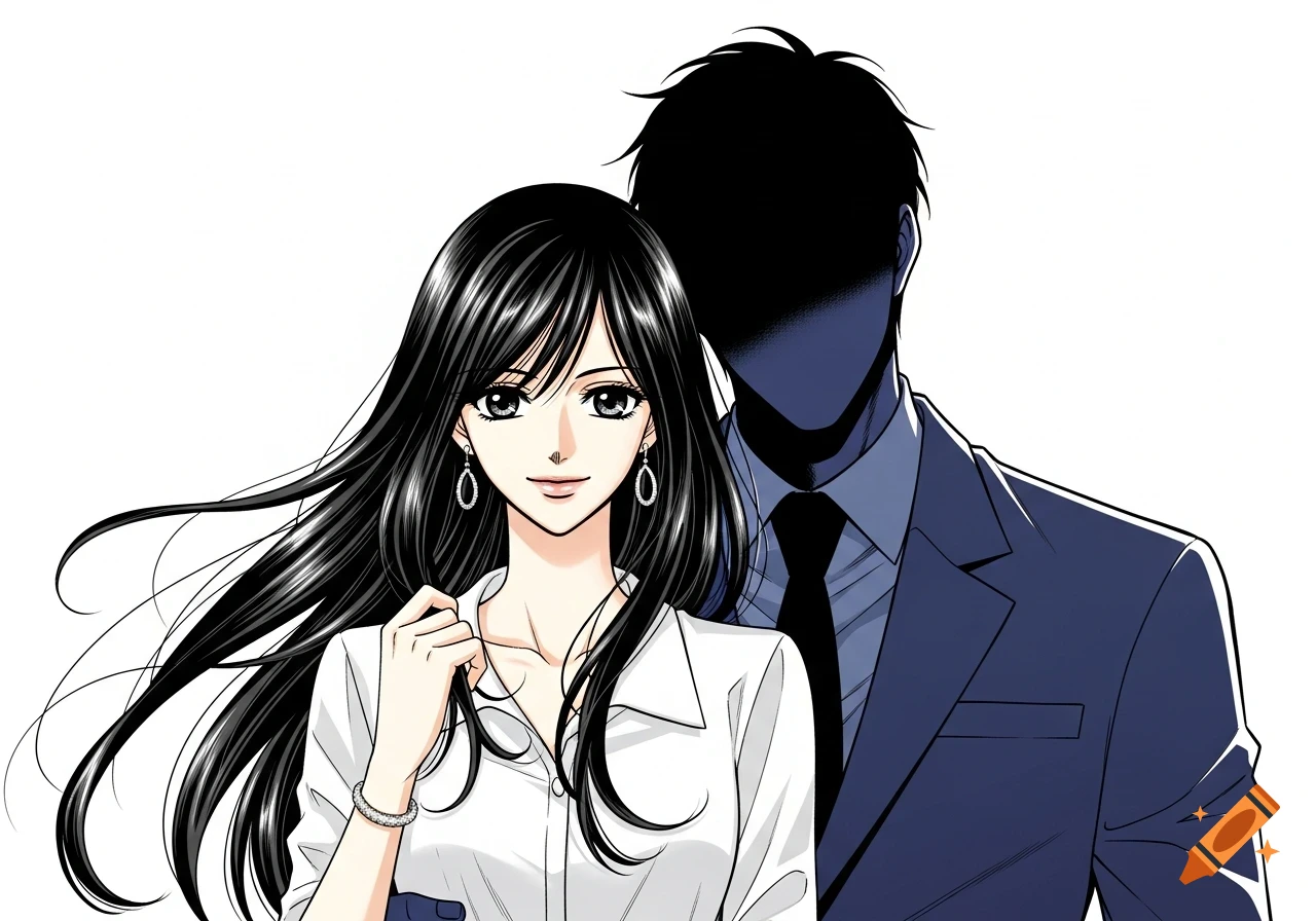 Manga style drawing of a smiling woman with long dark hair in a white shirt, with a shadowy man in a suit standing behind her.