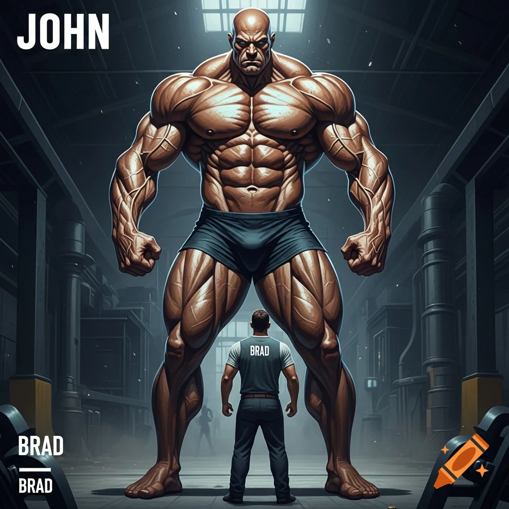 A giant, bald, massively muscular man named John looms over a smaller man named Brad in a dark industrial gym.
