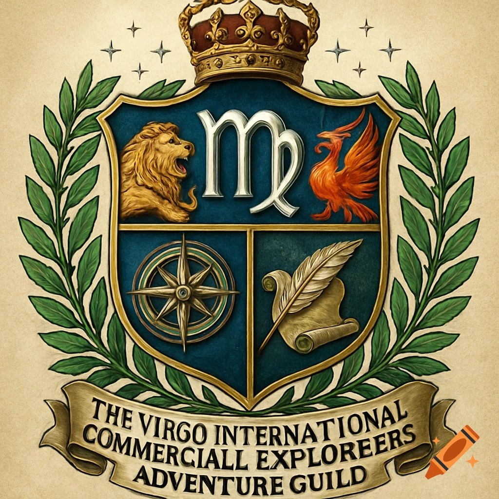 A detailed fantasy coat of arms with a crowned shield showing a lion, Virgo symbol, phoenix, compass, quill, and a banner.