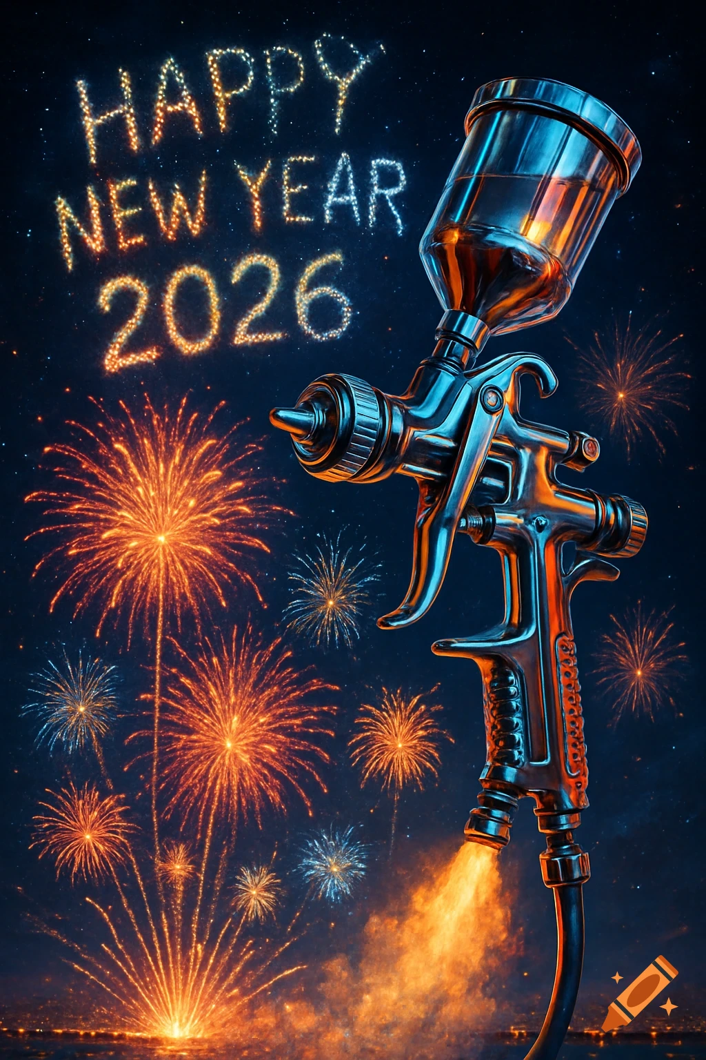 A futuristic chrome spray gun launching like a rocket amidst a night sky filled with colorful fireworks and glowing 'HAPPY NEW YEAR 2026' text.