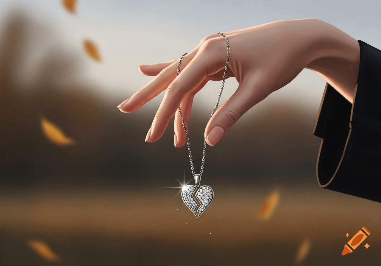 A hand elegantly holding a sparkling broken heart necklace against a soft, blurred background with golden bokeh.