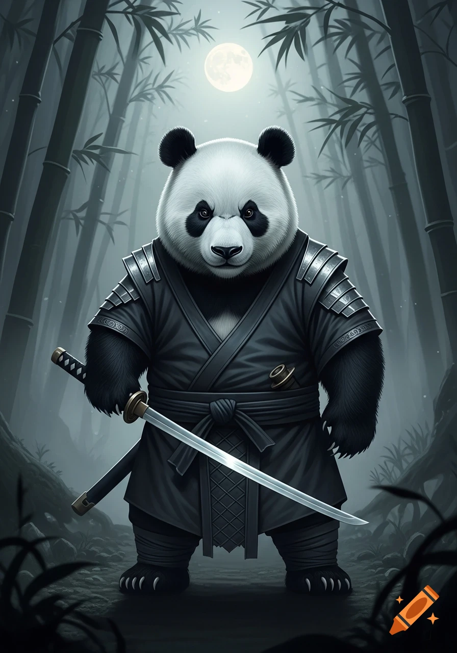 Fierce panda warrior in black samurai armor holds a katana in a moonlit bamboo forest.