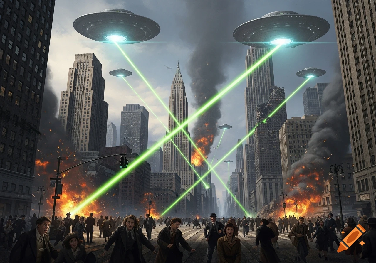 Photorealistic illustration of an alien invasion in 1940s New York City with flying saucers firing green lasers, causing explosions and panic.