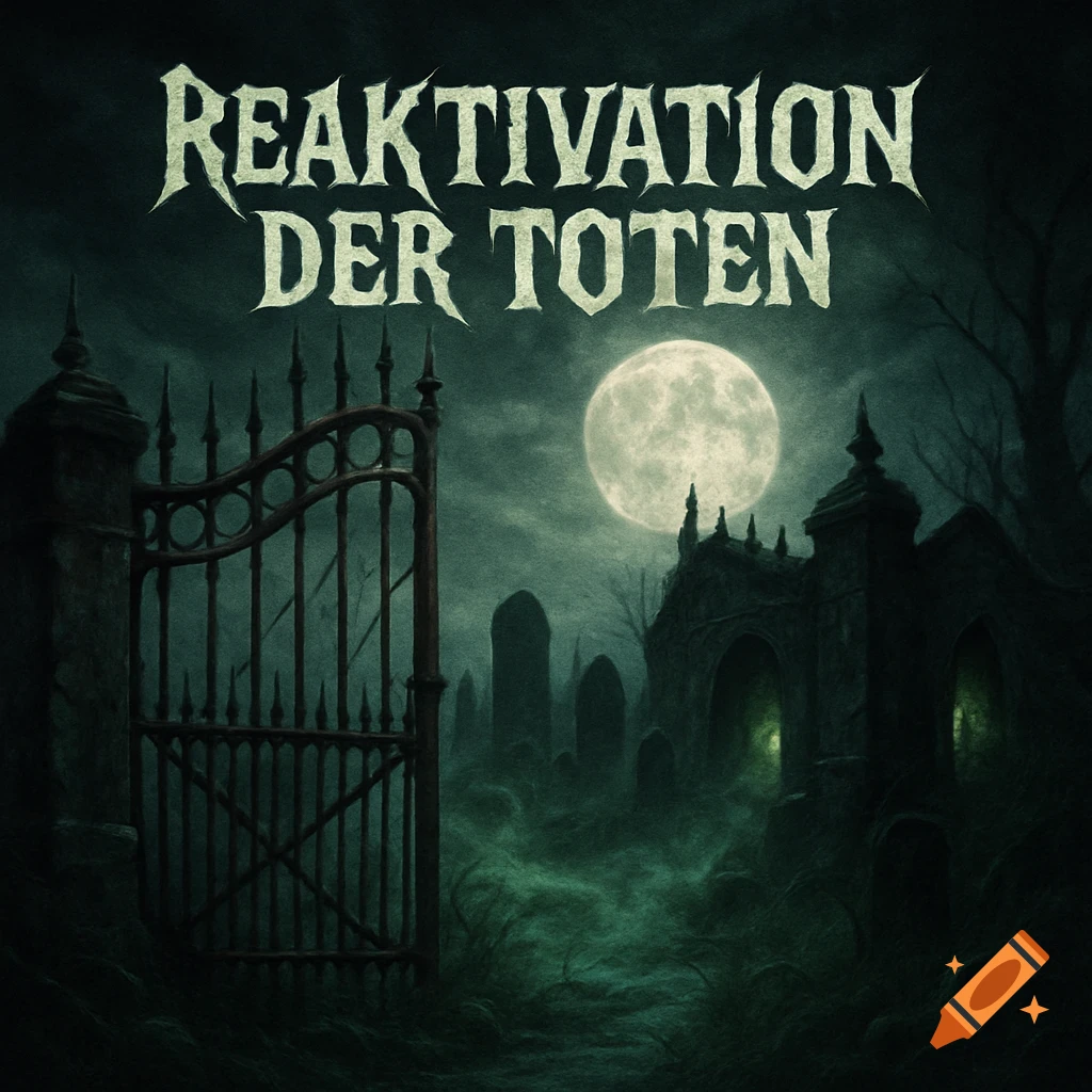 A dark, misty cemetery at night with a full moon, rusty gate, gravestones, and crypt. Text 'REAKTIVATION DER TOTEN' at the top.