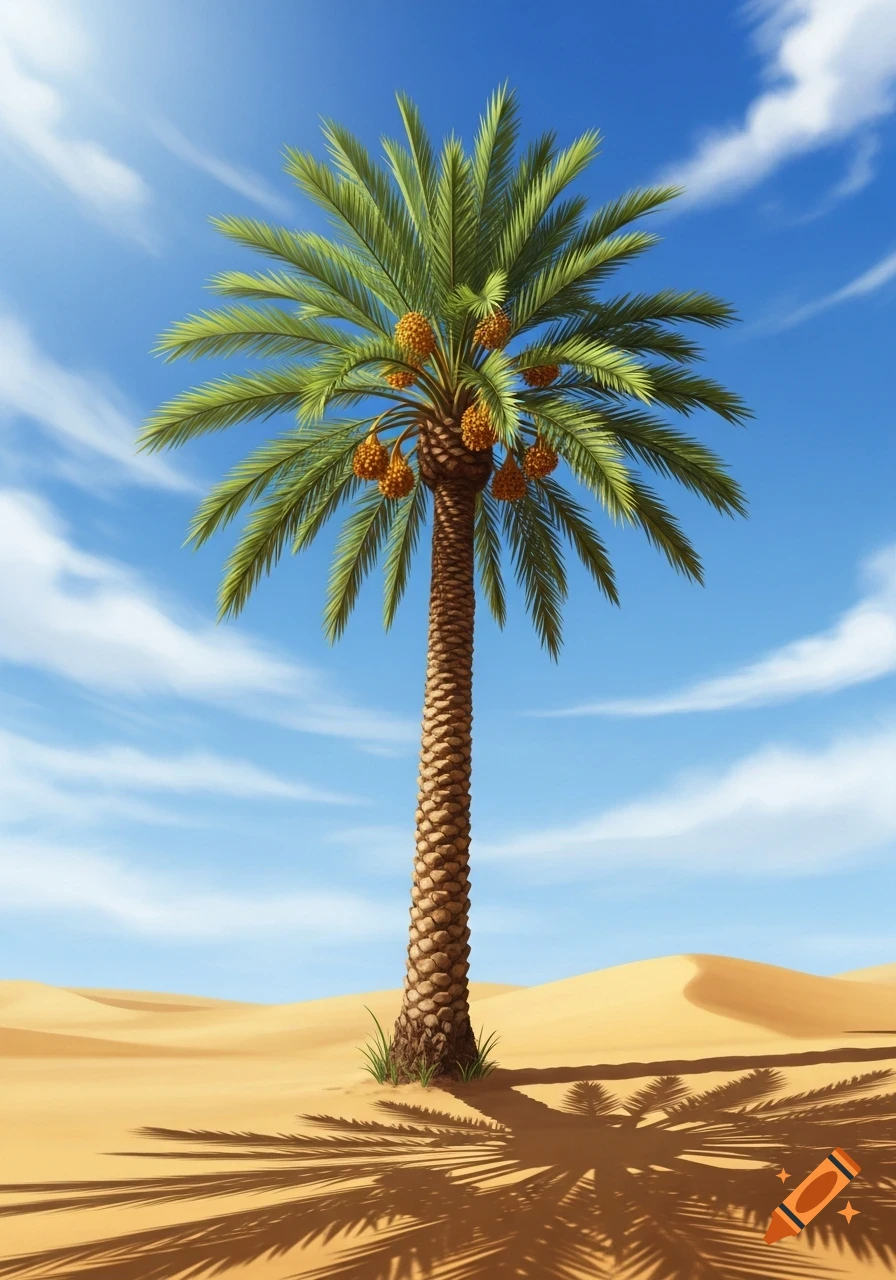 A single date palm tree laden with fruit stands in a bright desert with sand dunes under a blue sky with white clouds.