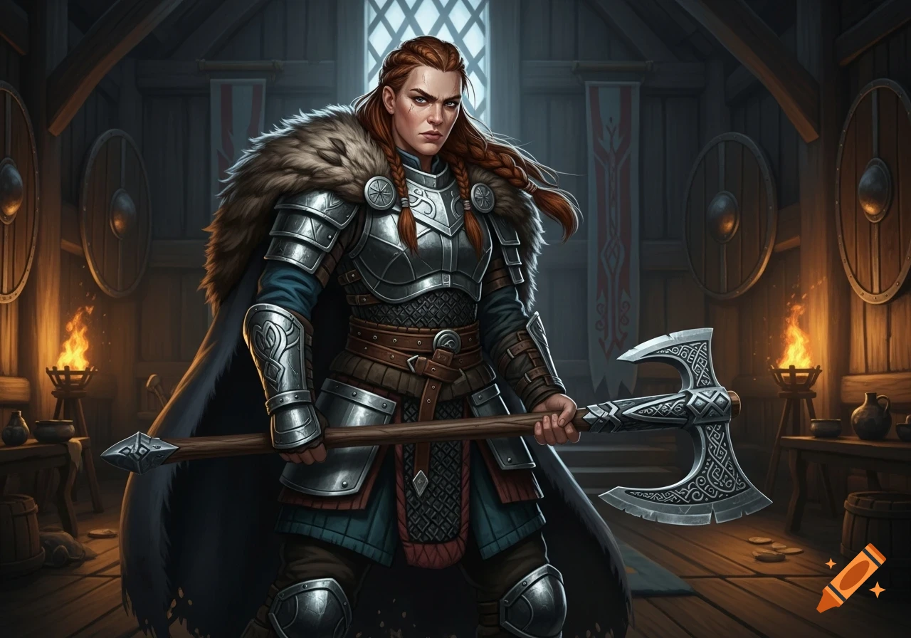 A formidable female Viking warrior with braided red hair, clad in detailed silver and leather armor, stands in a wooden hall, gripping a large ornate axe.