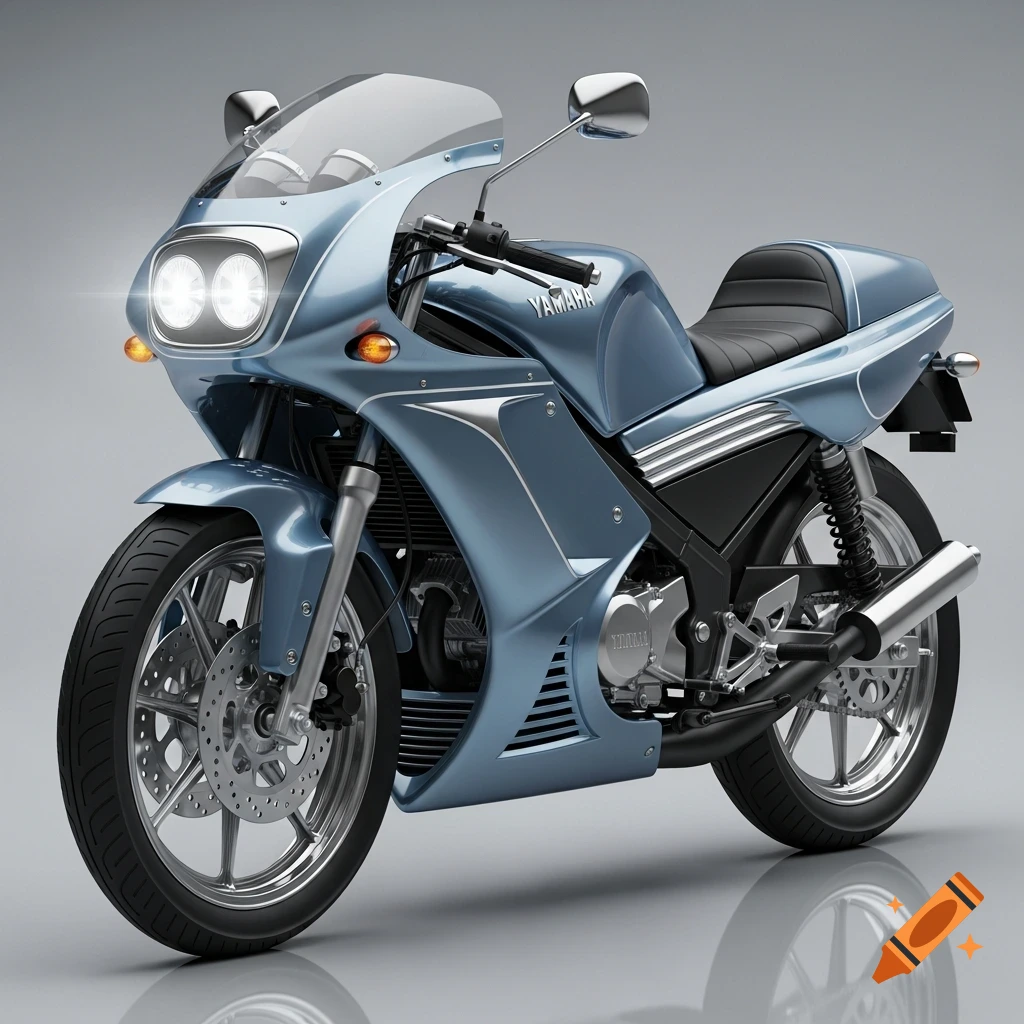 A sleek, light blue Yamaha sport motorcycle with chrome accents and glowing headlights, rendered against a grey background.