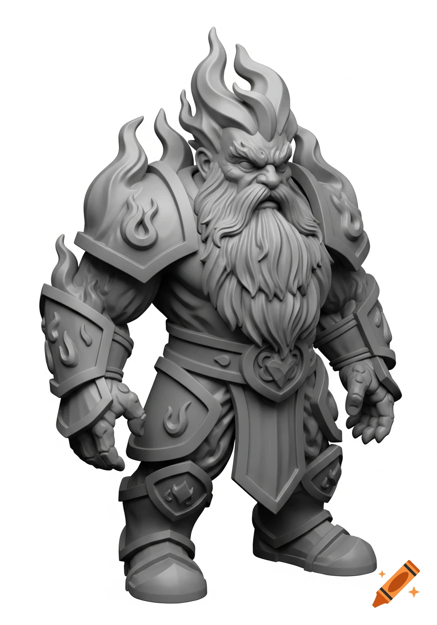 A gray 3D model of a muscular dwarf warrior with a long beard and a fiery mane, wearing ornate armor with flame motifs.