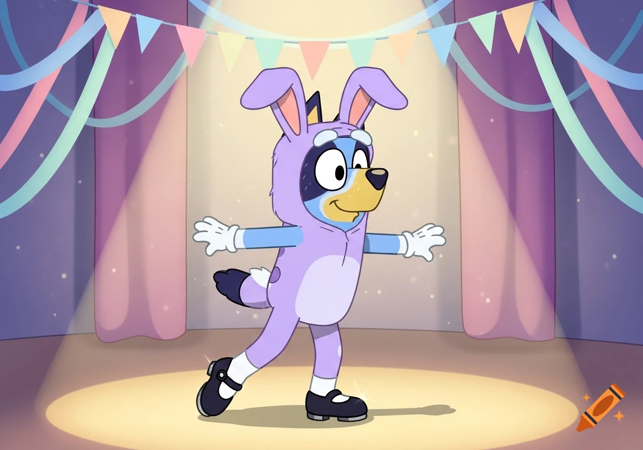 Bluey Heeler in a purple rabbit costume tap dancing on a stage with colorful bunting.