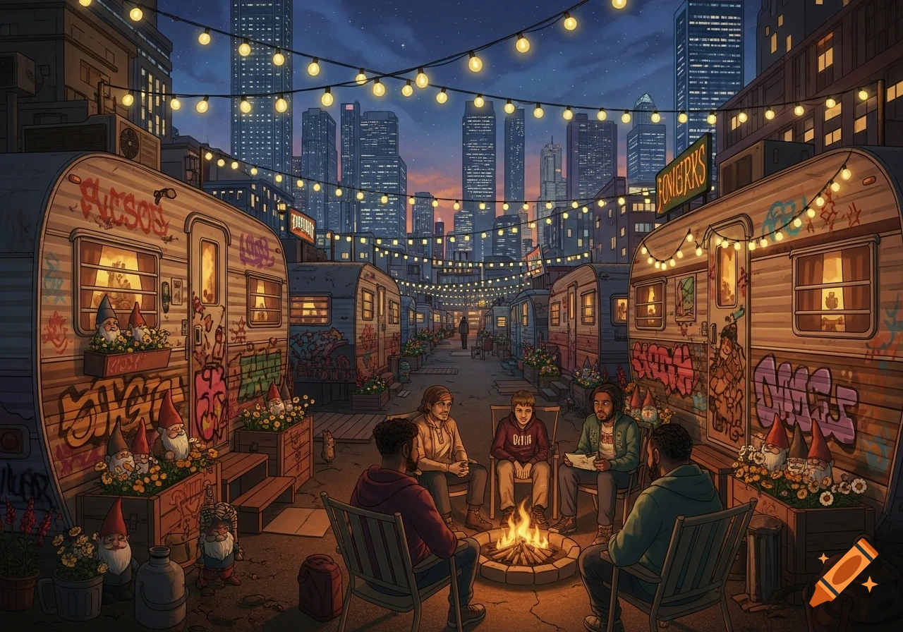An illustrated view of a vibrant urban trailer park at night with people gathered around a campfire, surrounded by string lights and city buildings.