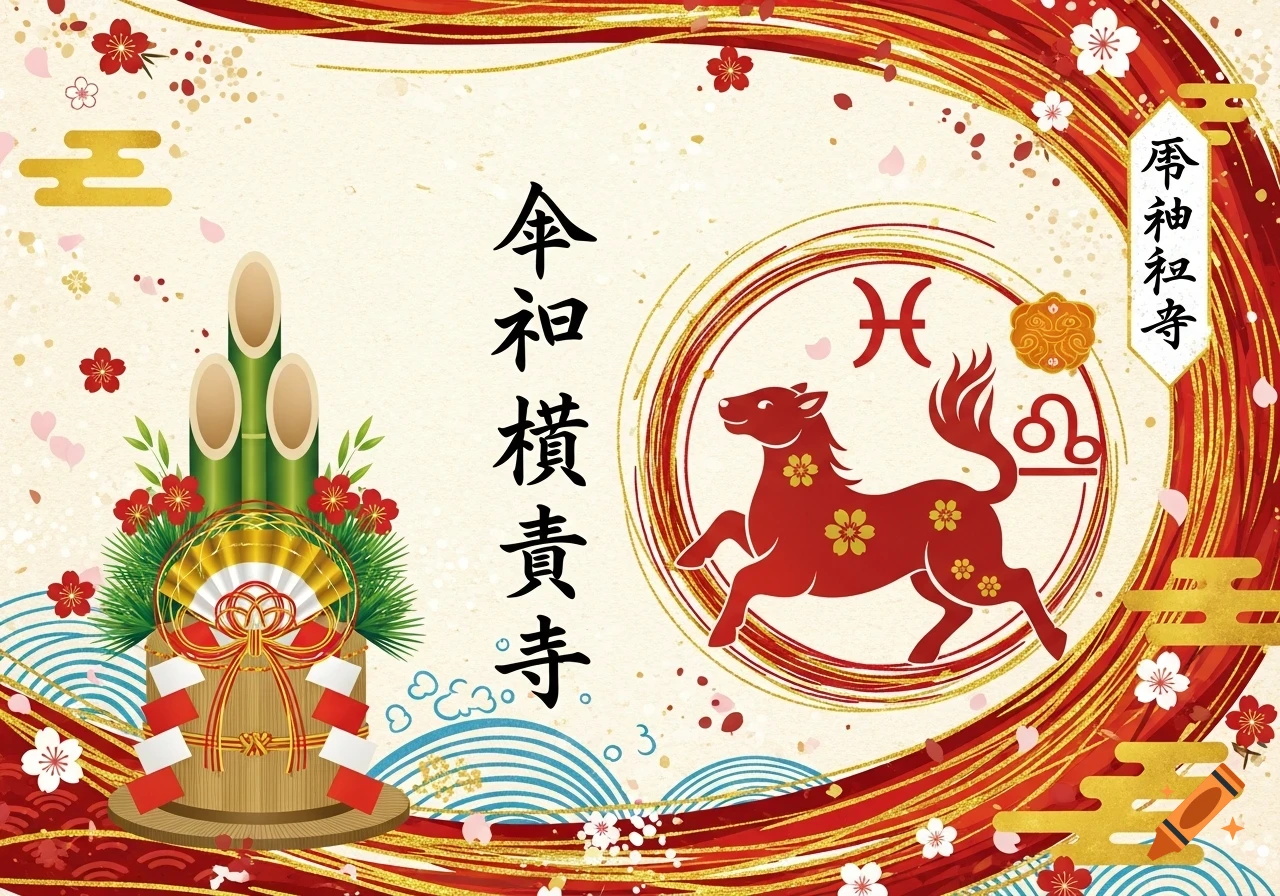 A vibrant Japanese New Year card with a red leaping horse, kadomatsu, golden patterns, cherry blossoms, and Japanese text on a textured background.