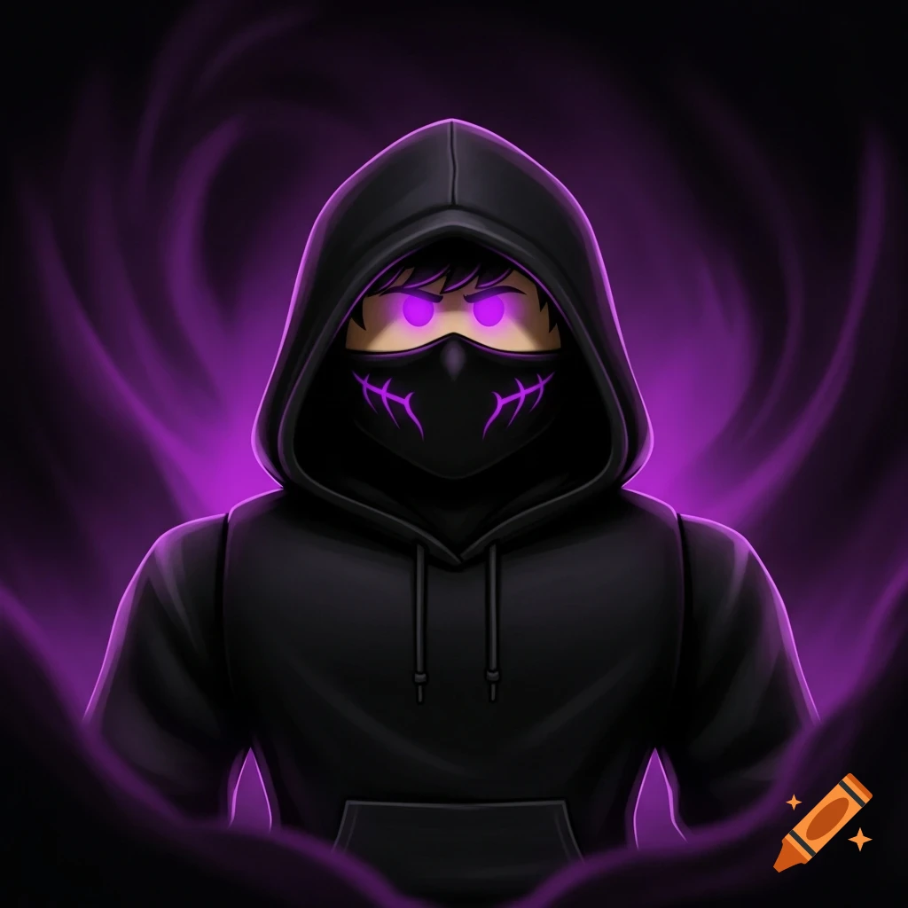 Roblox-style avatar in a black hooded hoodie and mask with glowing purple eyes and purple markings, against a dark purple void background.