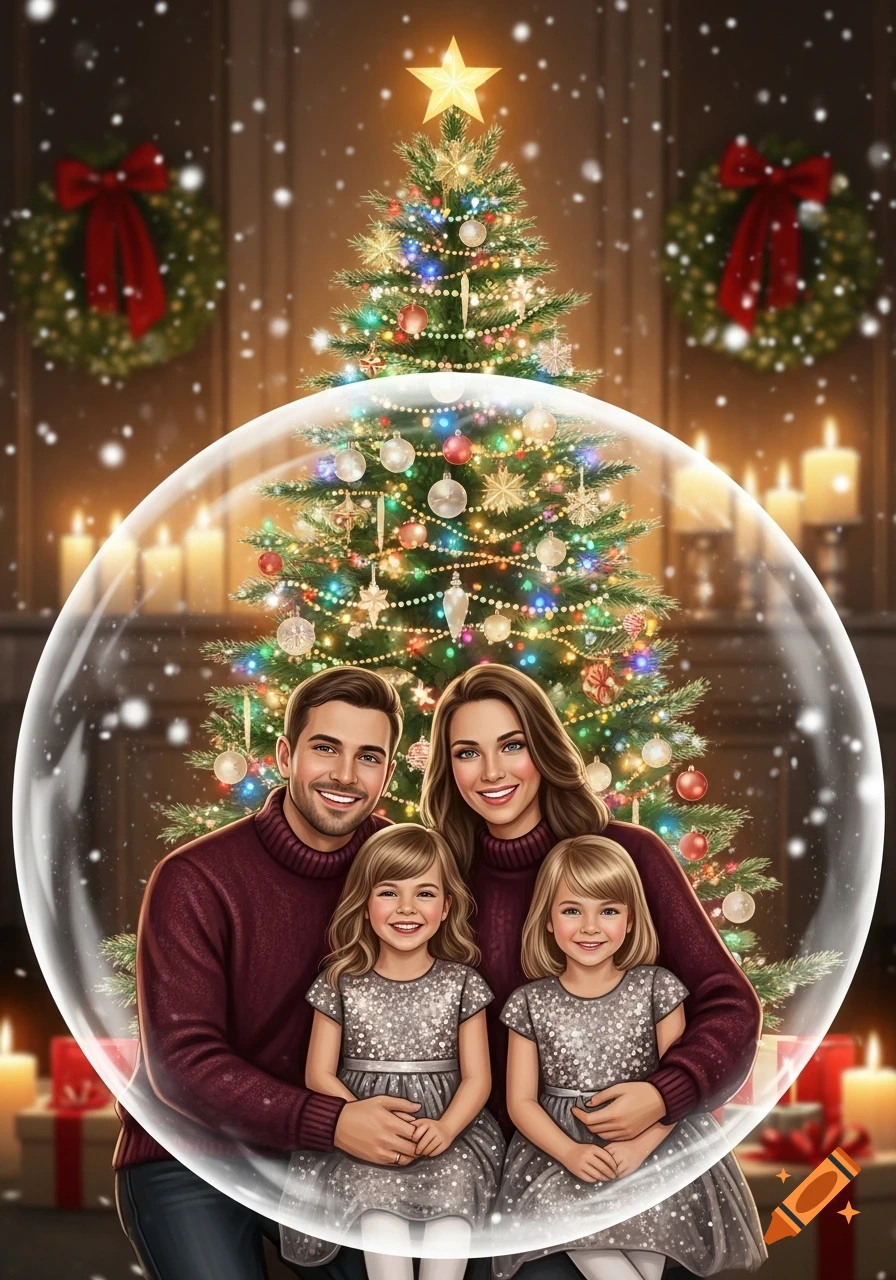 A smiling family with a father, mother, and two daughters pose inside a snow globe in front of a brightly decorated Christmas tree with falling snow.