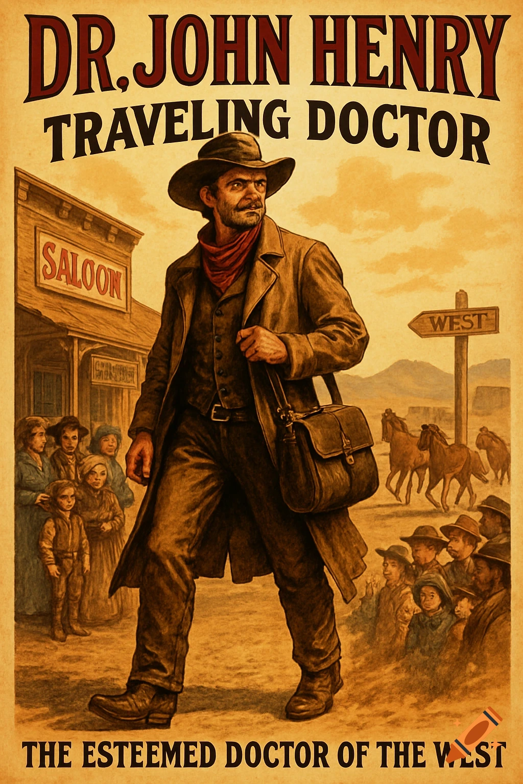 A vintage Wild West poster shows Dr. John Henry, a traveling doctor, walking past a saloon with onlookers and horses in the background.