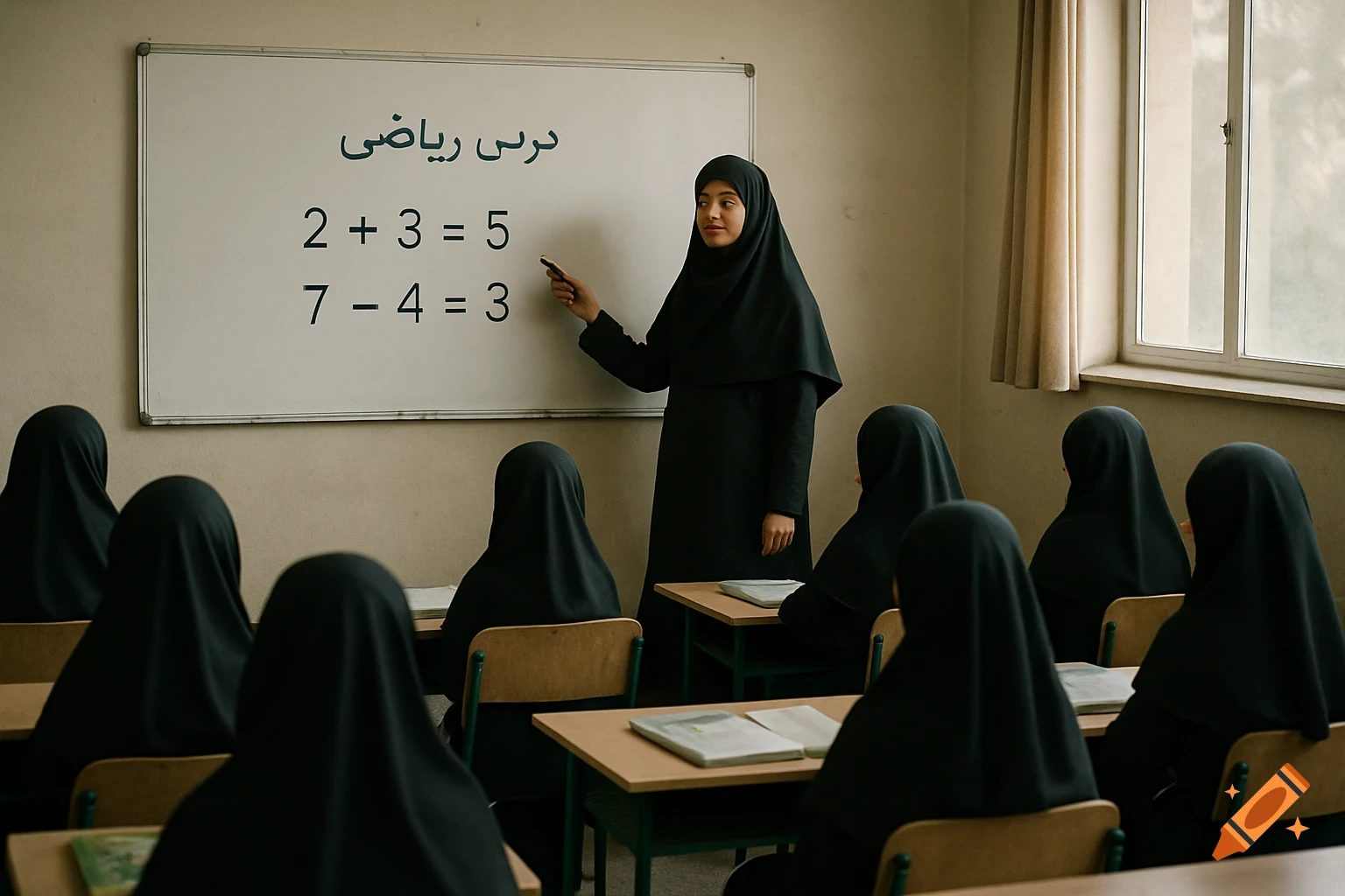 Photorealistic image of a female teacher in a hijab teaching mathematics at a whiteboard to students in an Iranian classroom.