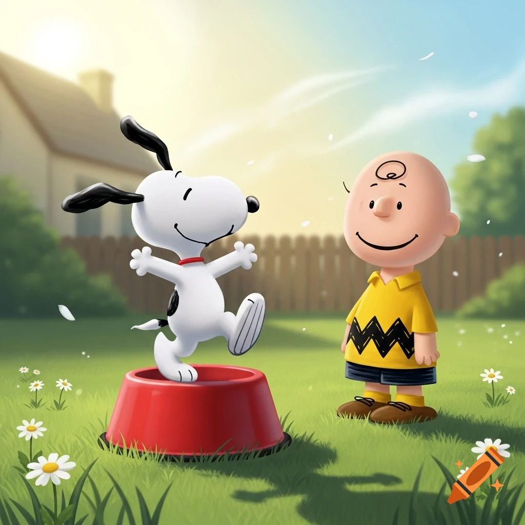 Snoopy dances on a red dog bowl while Charlie Brown watches in a sunny backyard, 3D animation style.