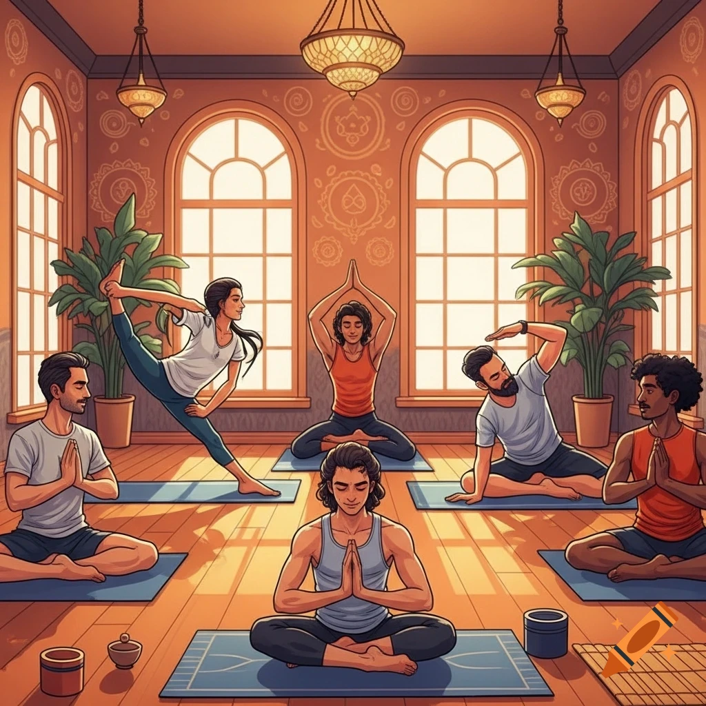 A 2D illustration of a diverse group of yogis practicing various yoga poses in a warm-colored room with arched windows.