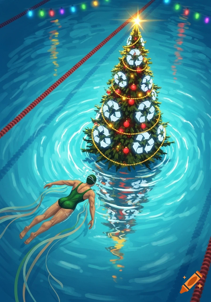 A swimmer in a green swimsuit glides past a Christmas tree decorated with recycling symbols in a festive swimming pool with colorful lights.