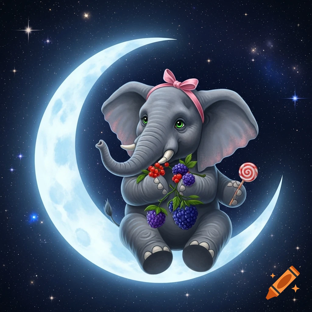 Cartoon elephant with a pink bow sits on a crescent moon among stars, eating berries and holding a lollipop.