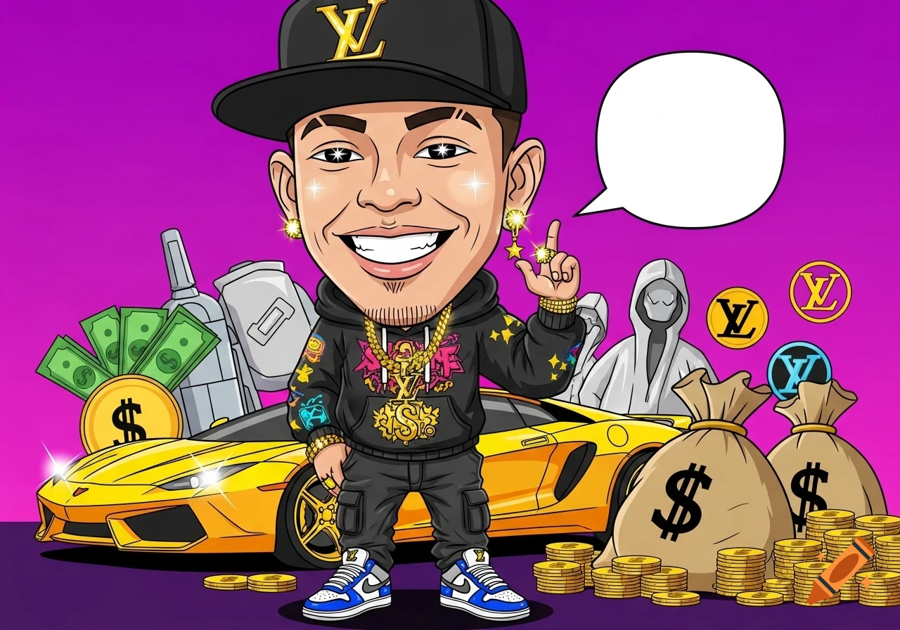 Cartoon caricature of a man in streetwear with an oversized head, grinning, surrounded by a yellow sports car, money bags, and luxury brand logos on a purple background.