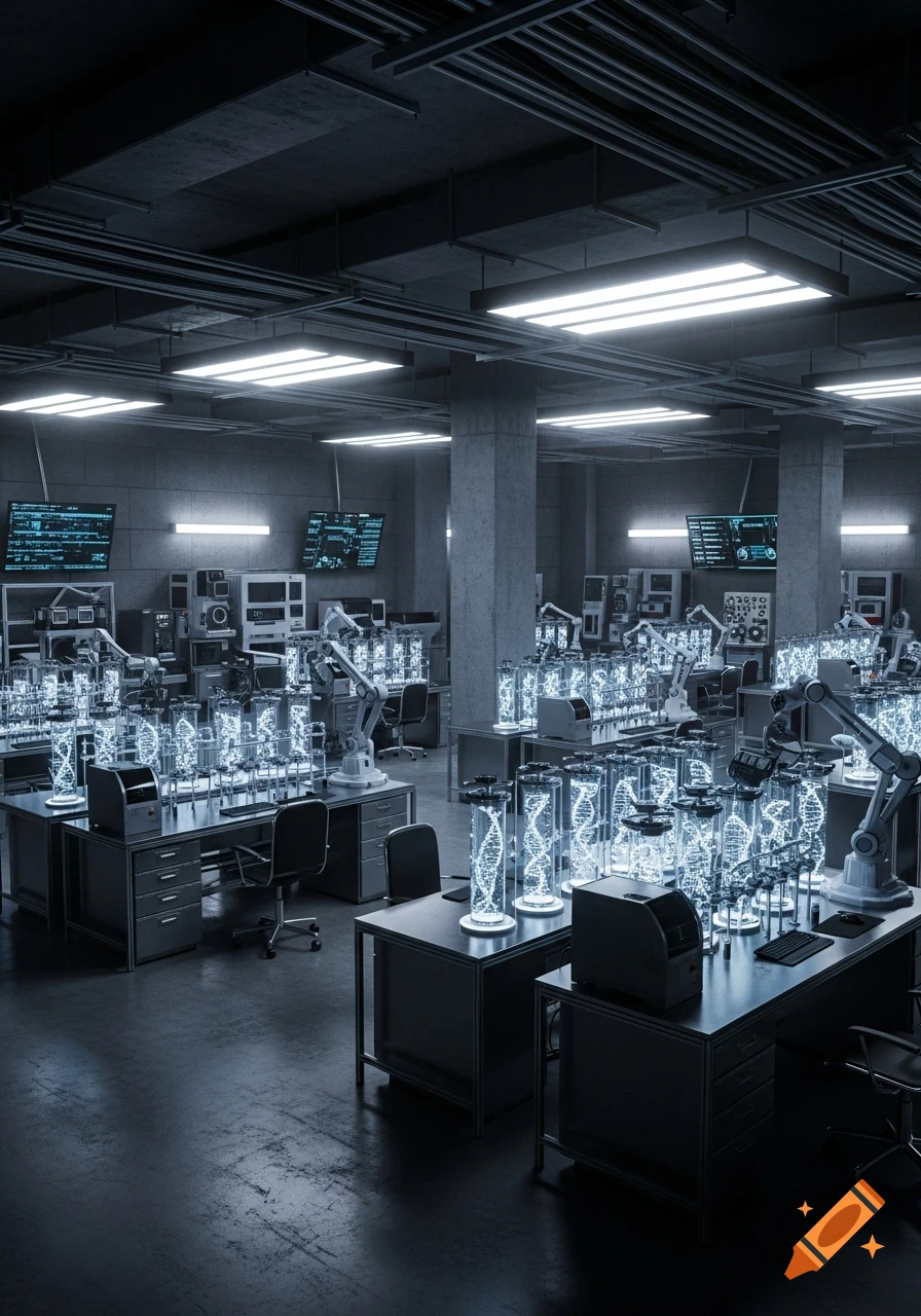 A dark, high-tech underground laboratory with glowing DNA helixes in glass cylinders on desks, surrounded by robotic arms and monitors.
