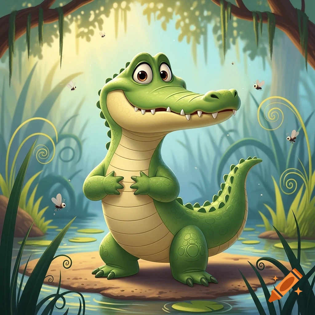 A smiling cartoon alligator stands in a lush, sunny swamp, rendered in Disney Pixar style.
