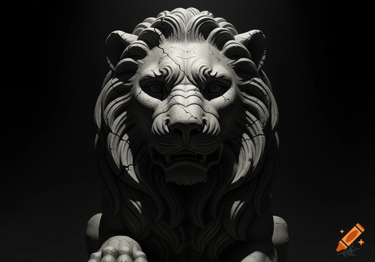 A detailed, cracked grey stone lion statue illuminated by strong chiaroscuro lighting against a black background.