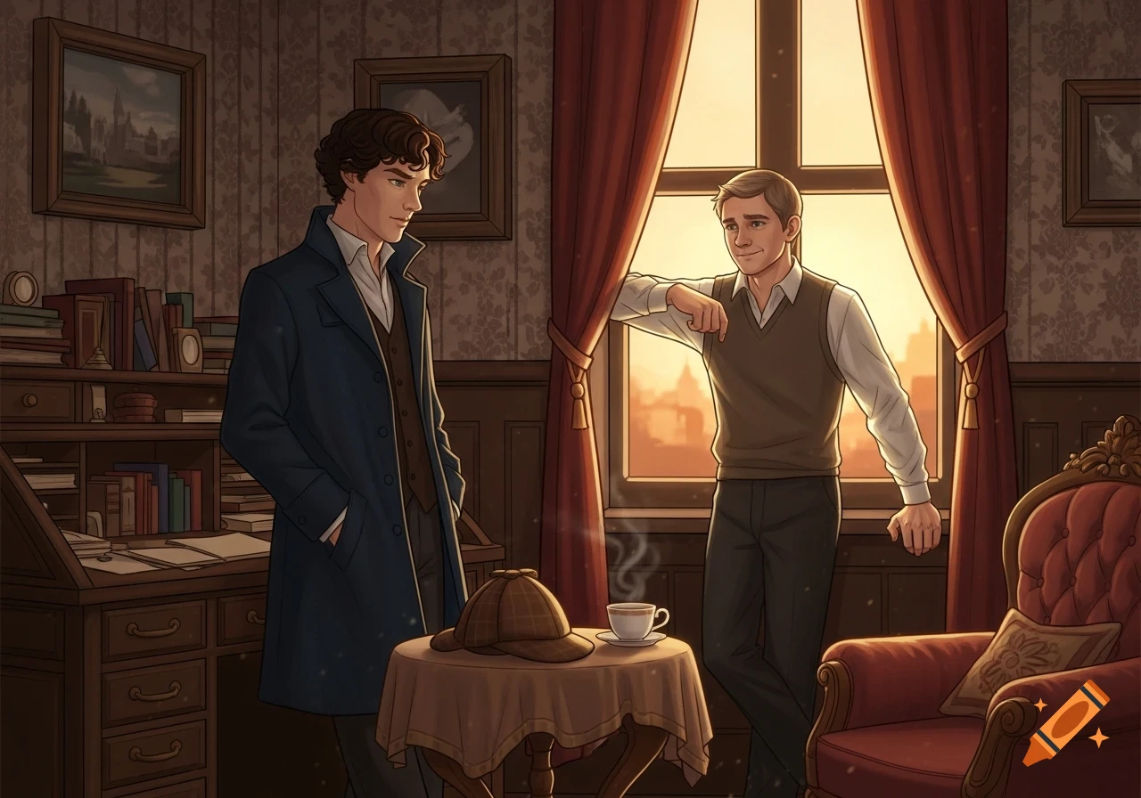 A digital illustration of two men, one in a dark coat, the other in a vest, in a warm, vintage room with a sunset view from a window. A deerstalker hat and teacup are on a small table.