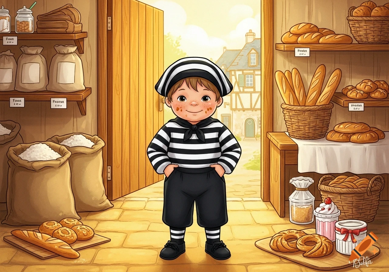 A cheerful cartoon boy in a black and white striped sailor outfit stands in a cozy bakery surrounded by fresh bread and flour bags.