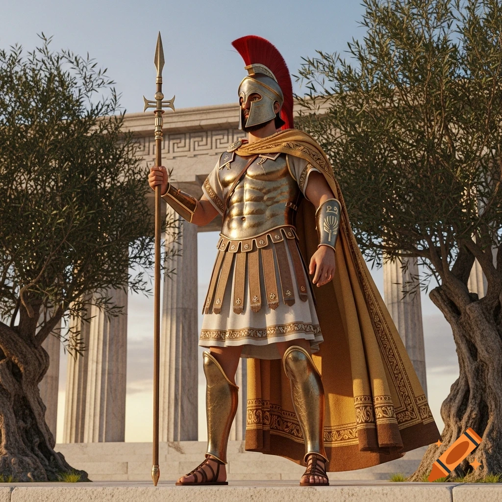 A photorealistic ancient Greek warrior in golden armor and red-plumed helmet stands with a spear before classical columns and olive trees.