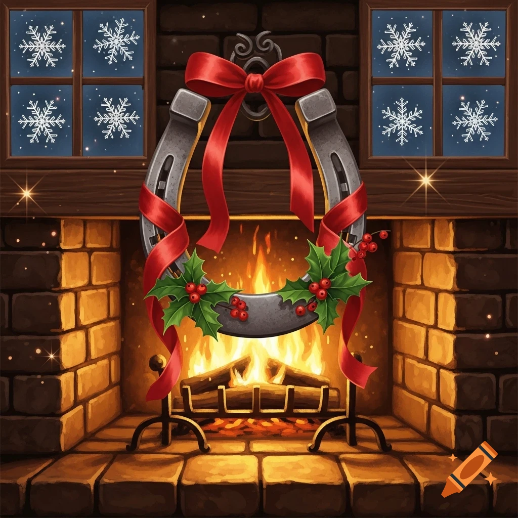 Illustrated Christmas horseshoe with red ribbon and holly hanging over a lit fireplace, with snowy windows. Cozy winter scene.